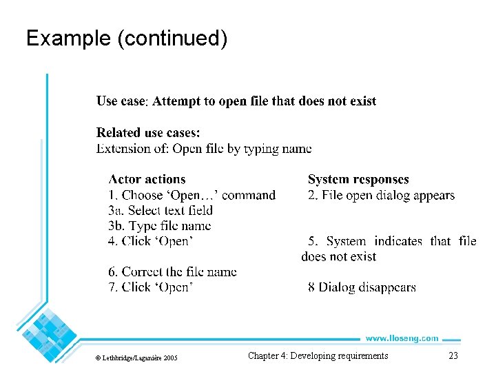 Example (continued) © Lethbridge/Laganière 2005 Chapter 4: Developing requirements 23 