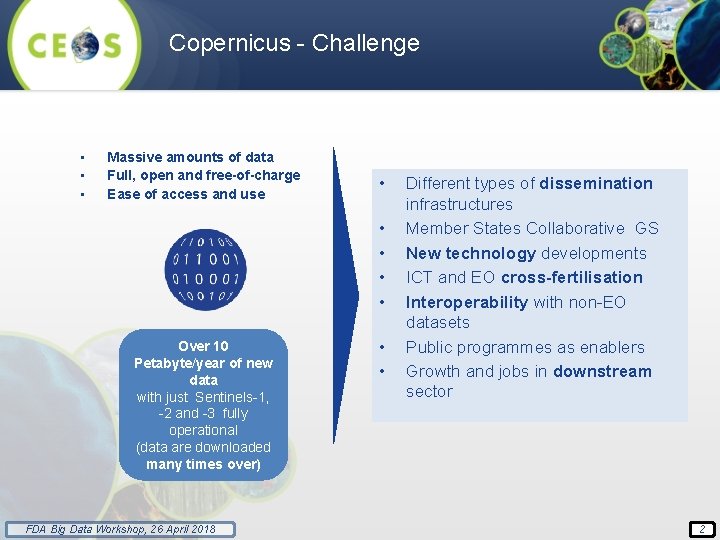 Copernicus Challenge • • • Massive amounts of data Full, open and free-of-charge Ease