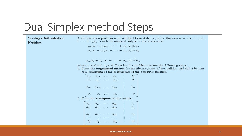 Dual Simplex method Steps OPERATION RESEARCH 4 