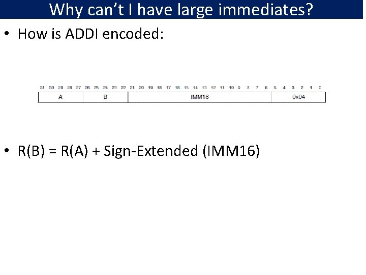Why can’t I have large immediates? • How is ADDI encoded: • R(B) =