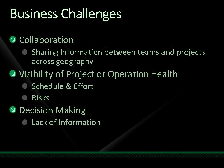 Business Challenges Collaboration Sharing Information between teams and projects across geography Visibility of Project