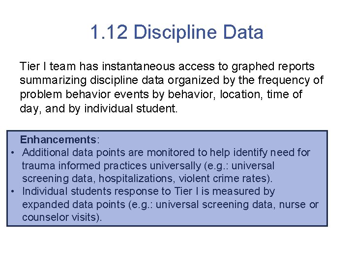 1. 12 Discipline Data Tier I team has instantaneous access to graphed reports summarizing