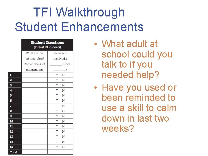 TFI Walkthrough Student Enhancements • What adult at school could you talk to if