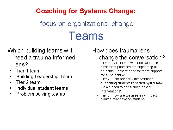 Coaching for Systems Change: focus on organizational change Teams Which building teams will need