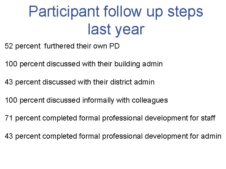 Participant follow up steps last year 52 percent furthered their own PD 100 percent