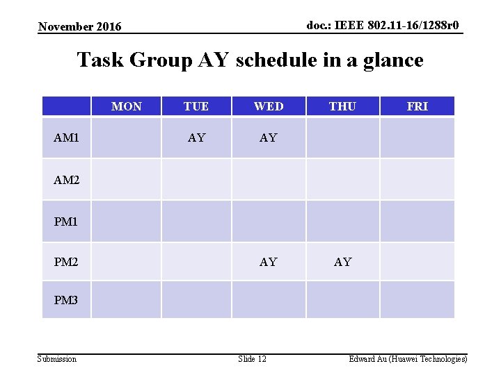 doc. : IEEE 802. 11 -16/1288 r 0 November 2016 Task Group AY schedule