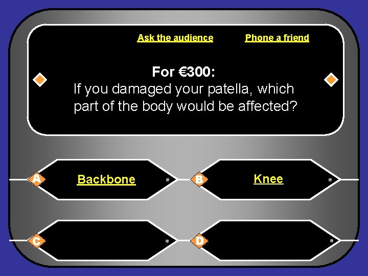 Ask the audience Phone a friend For € 300: If you damaged your patella,