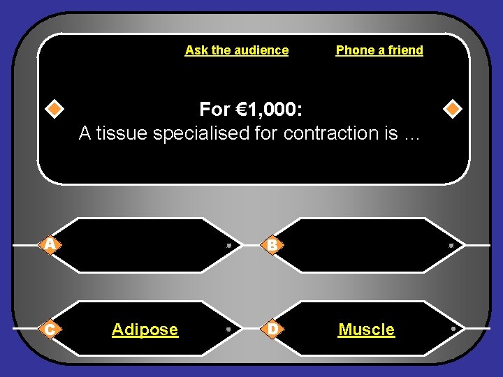 Ask the audience Phone a friend For € 1, 000: A tissue specialised for