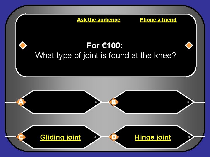 Ask the audience Phone a friend For € 100: What type of joint is