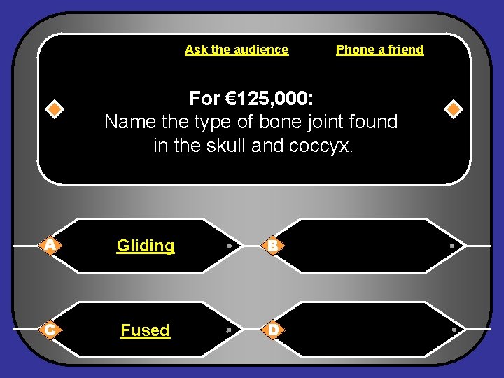 Ask the audience Phone a friend For € 125, 000: Name the type of