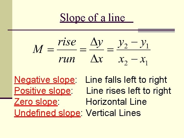 Slope of a line Negative slope: Line falls left to right Positive slope: Line