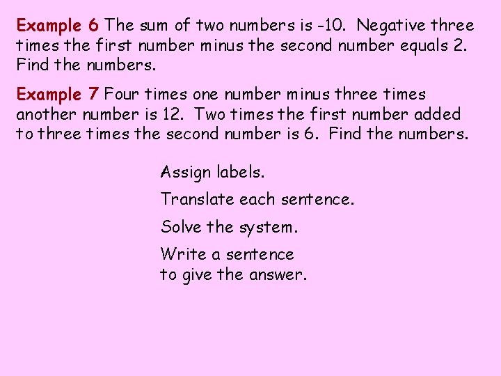 Example 6 The sum of two numbers is -10. Negative three times the first