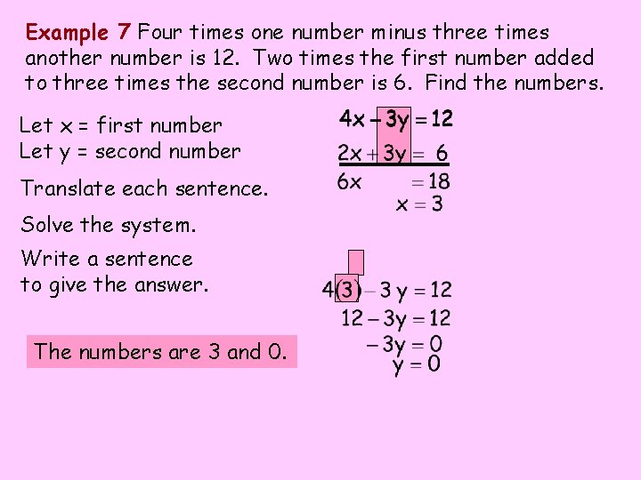Example 7 Four times one number minus three times another number is 12. Two