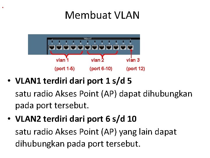 . Membuat VLAN vlan 1 vlan 2 vlan 3 (port 1 -5) (port 6