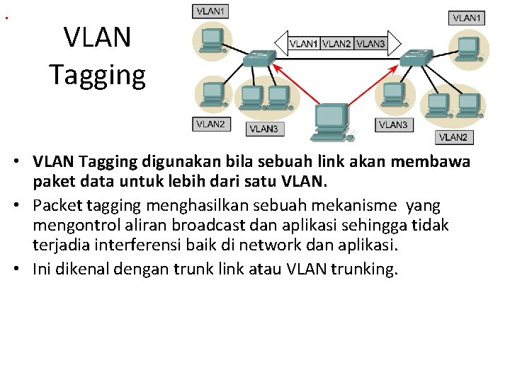 . VLAN Tagging • VLAN Tagging digunakan bila sebuah link akan membawa paket data