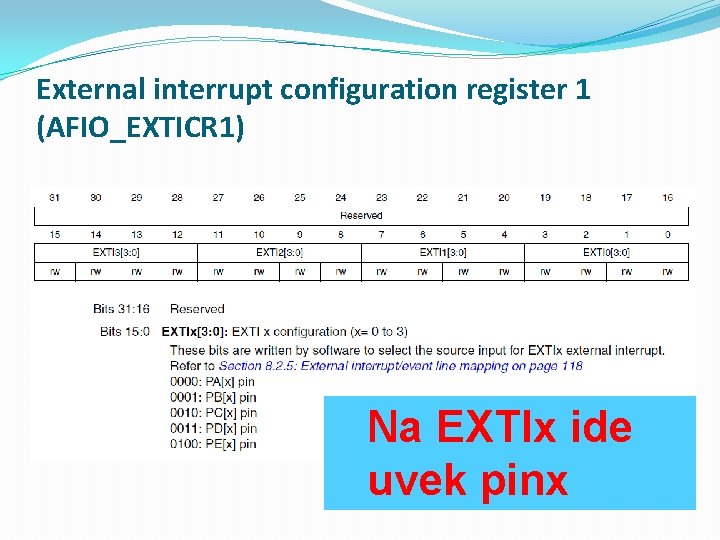 External interrupt configuration register 1 (AFIO_EXTICR 1) Na EXTIx ide uvek pinx 