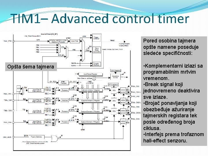 TIM 1– Advanced control timer Pored osobina tajmera opšte namene poseduje sledeće specifičnosti: Opšta