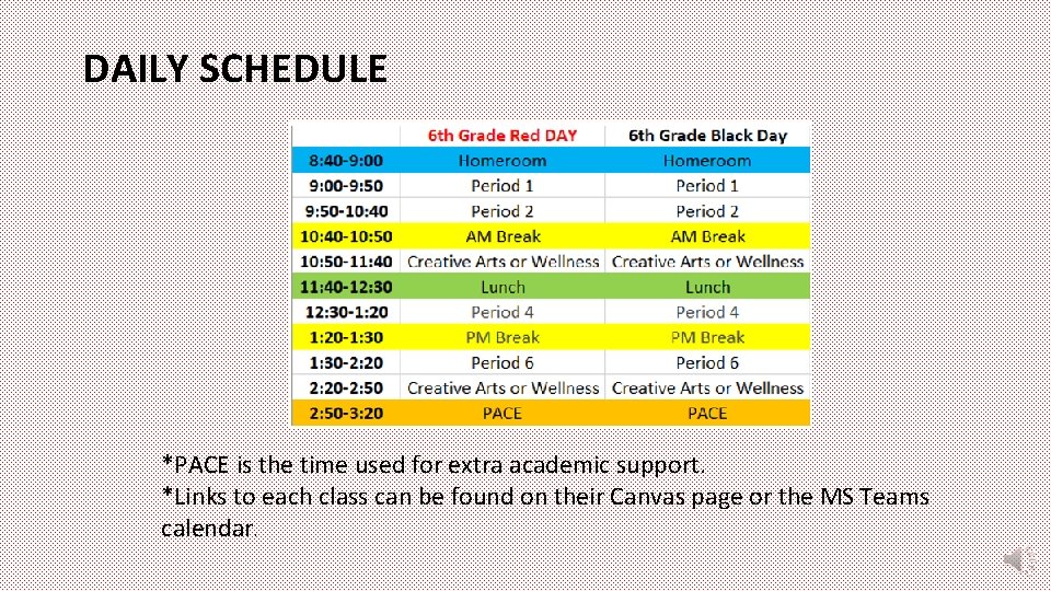 DAILY SCHEDULE *PACE is the time used for extra academic support. *Links to each