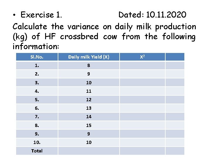  • Exercise 1. Dated: 10. 11. 2020 Calculate the variance on daily milk