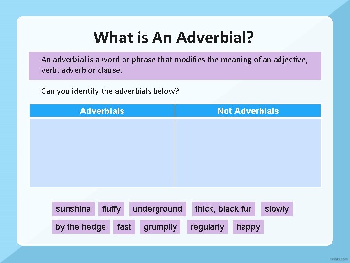 What is An Adverbial? An adverbial is a word or phrase that modifies the