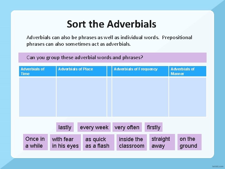 Sort the Adverbials can also be phrases as well as individual words. Prepositional phrases