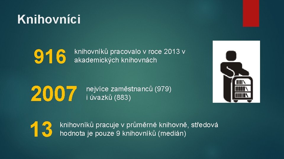 Knihovníci 916 knihovníků pracovalo v roce 2013 v akademických knihovnách 2007 13 nejvíce zaměstnanců