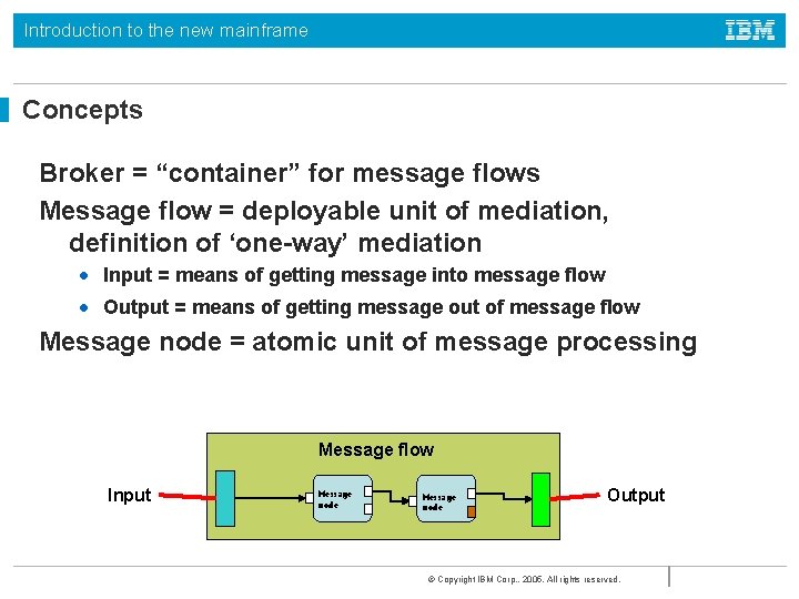 Introduction to the new mainframe Concepts Broker = “container” for message flows Message flow