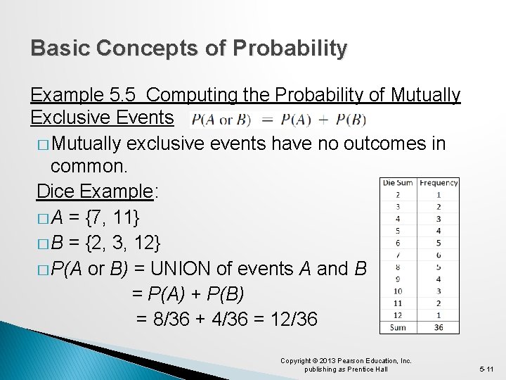 Basic Concepts of Probability Example 5. 5 Computing the Probability of Mutually Exclusive Events