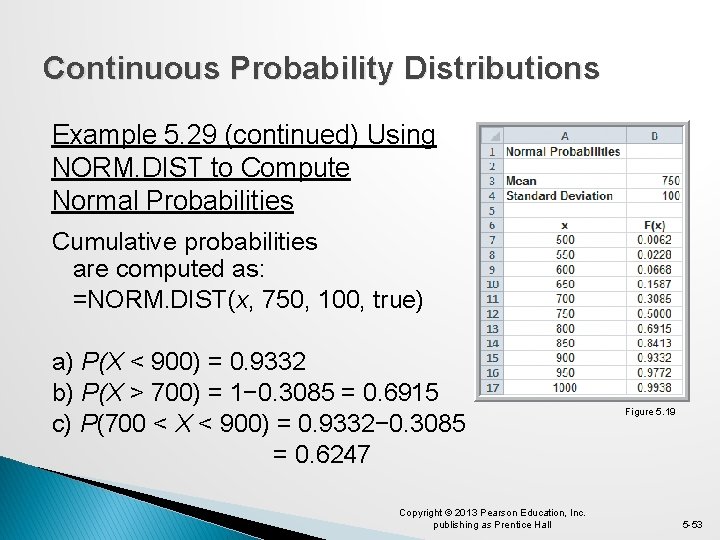 Continuous Probability Distributions Example 5. 29 (continued) Using NORM. DIST to Compute Normal Probabilities