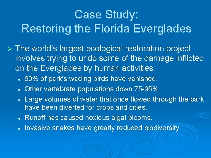 Case Study: Restoring the Florida Everglades Ø The world’s largest ecological restoration project involves