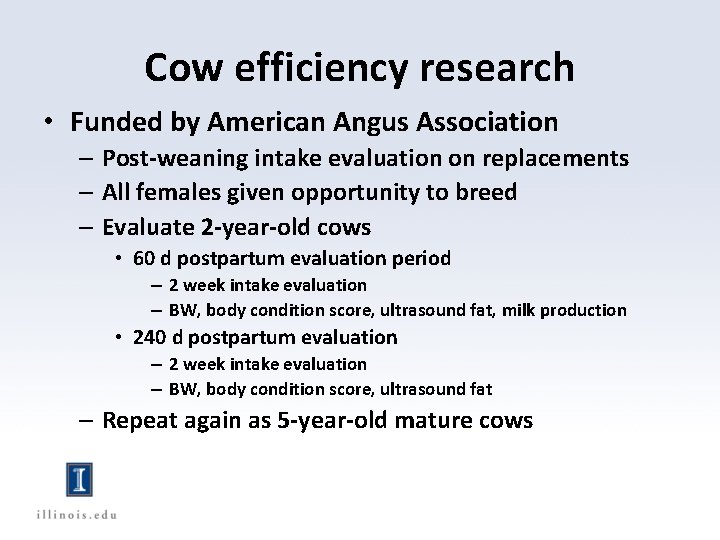 Cow efficiency research • Funded by American Angus Association – Post-weaning intake evaluation on