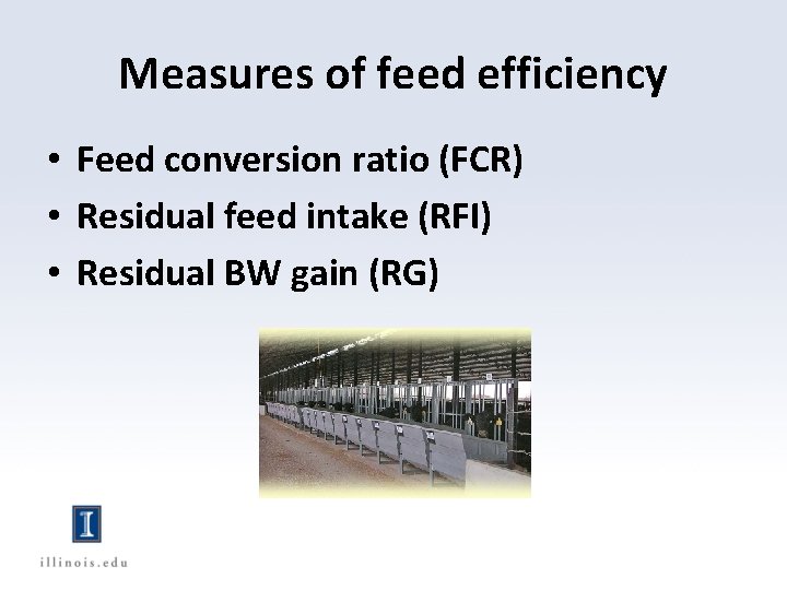 Measures of feed efficiency • Feed conversion ratio (FCR) • Residual feed intake (RFI)