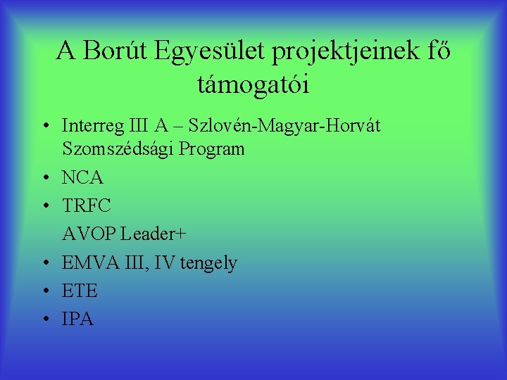 A Borút Egyesület projektjeinek fő támogatói • Interreg III A – Szlovén-Magyar-Horvát Szomszédsági Program