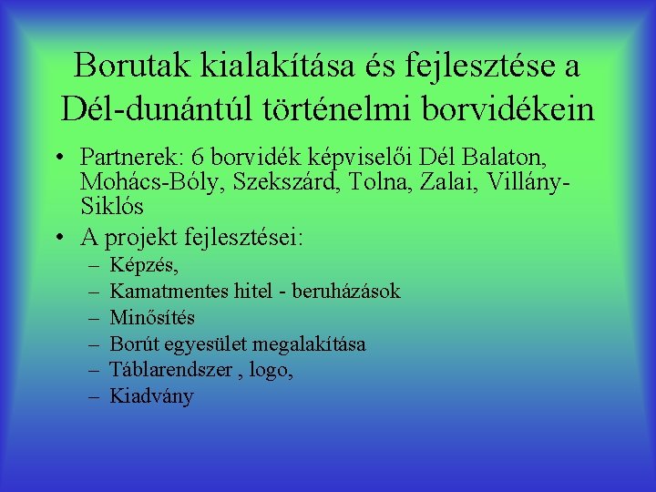 Borutak kialakítása és fejlesztése a Dél-dunántúl történelmi borvidékein • Partnerek: 6 borvidék képviselői Dél