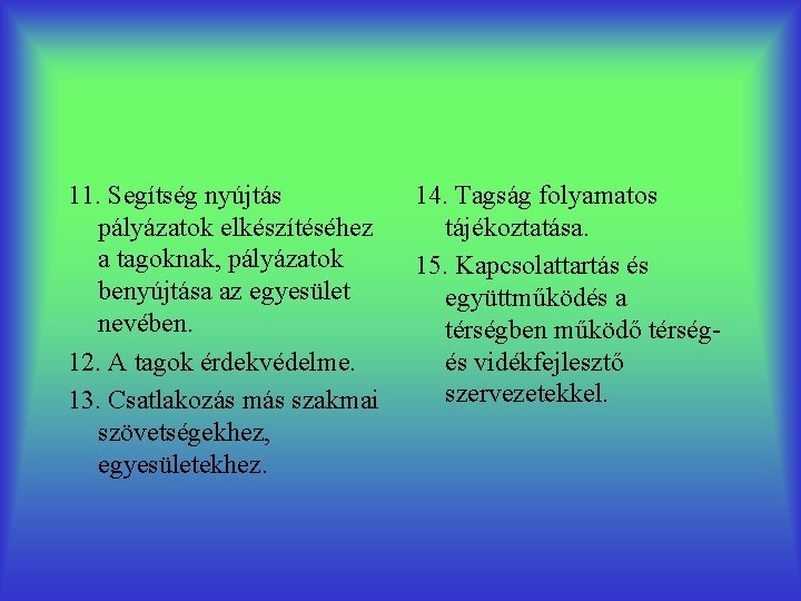 11. Segítség nyújtás pályázatok elkészítéséhez a tagoknak, pályázatok benyújtása az egyesület nevében. 12. A