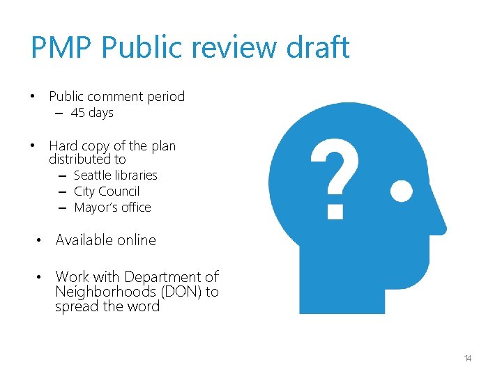 PMP Public review draft • Public comment period – 45 days • Hard copy