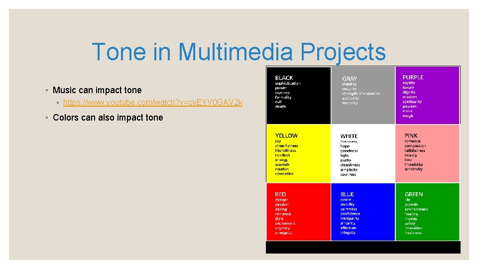 Tone in Multimedia Projects ◦ Music can impact tone ◦ https: //www. youtube. com/watch?