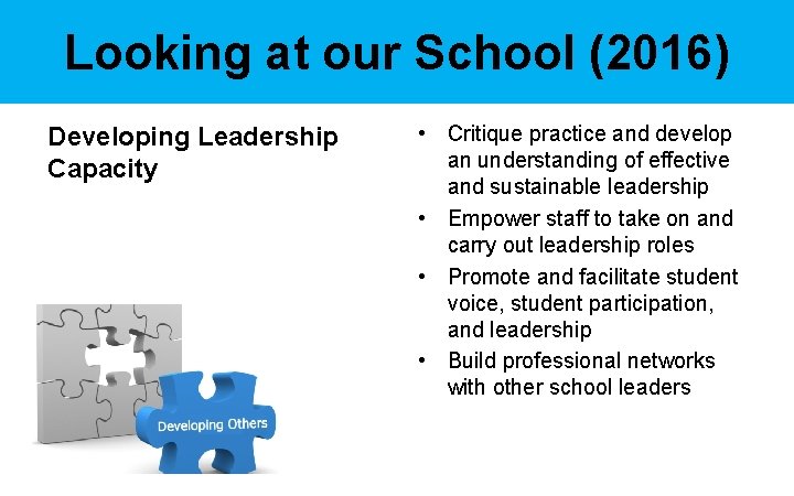 Looking at our School (2016) Developing Leadership Capacity • Critique practice and develop an