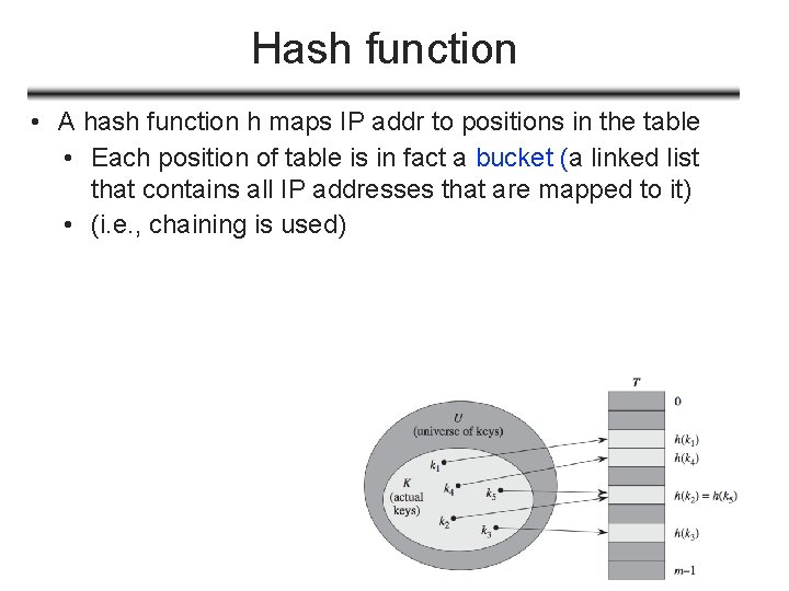Hash function • A hash function h maps IP addr to positions in the
