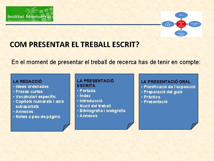 COM PRESENTAR EL TREBALL ESCRIT? En el moment de presentar el treball de recerca COM PRESENTAR EL TREBALL ESCRIT? En el moment de presentar el treball de recerca