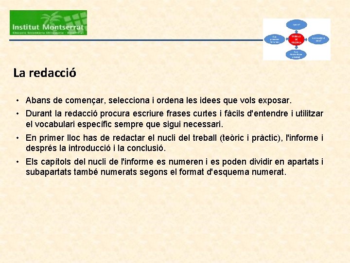 La redacció • Abans de començar, selecciona i ordena les idees que vols exposar. La redacció • Abans de començar, selecciona i ordena les idees que vols exposar.