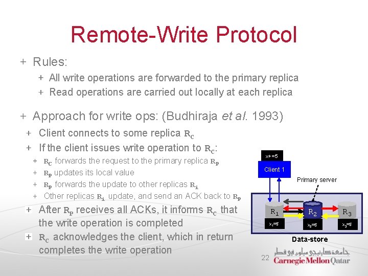 Remote-Write Protocol Rules: All write operations are forwarded to the primary replica Read operations