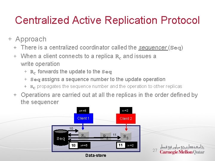 Centralized Active Replication Protocol Approach There is a centralized coordinator called the sequencer (Seq)