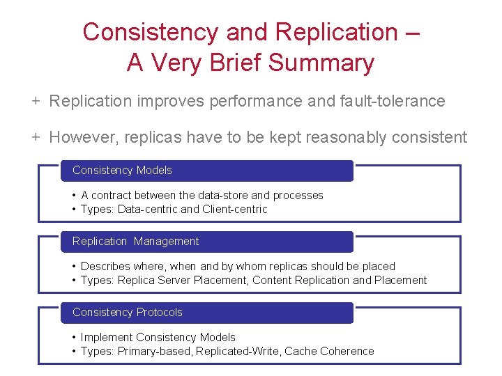 Consistency and Replication – A Very Brief Summary Replication improves performance and fault-tolerance However,