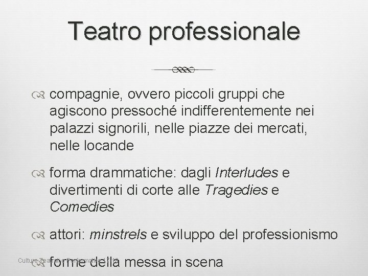 Teatro professionale compagnie, ovvero piccoli gruppi che agiscono pressoché indifferentemente nei palazzi signorili, nelle