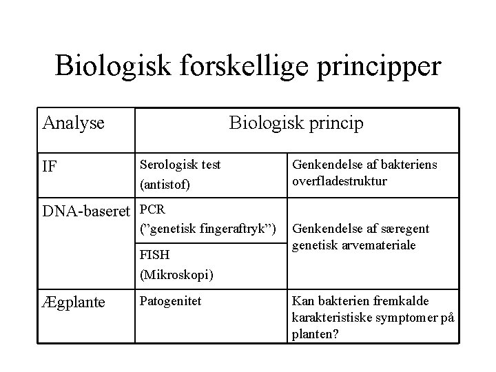 Biologisk forskellige principper Analyse IF Biologisk princip Serologisk test (antistof) Genkendelse af bakteriens overfladestruktur