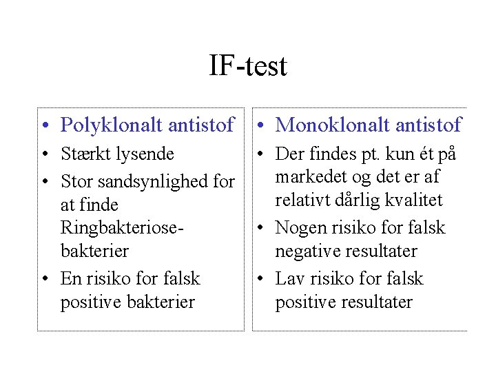 IF-test • Polyklonalt antistof • Monoklonalt antistof • Stærkt lysende • Stor sandsynlighed for