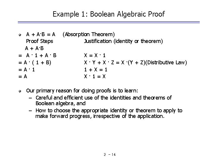 Example 1: Boolean Algebraic Proof = = A + A·B = A Proof Steps Example 1: Boolean Algebraic Proof = = A + A·B = A Proof Steps