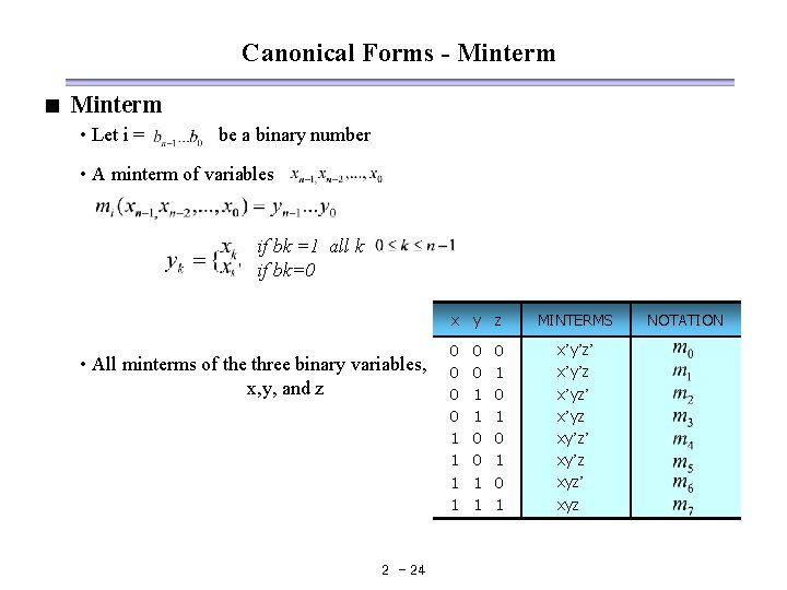 Canonical Forms - Minterm < Minterm • Let i = be a binary number Canonical Forms - Minterm < Minterm • Let i = be a binary number