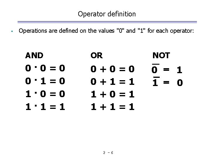 Operator definition § Operations are defined on the values "0" and "1" for each Operator definition § Operations are defined on the values "0" and "1" for each